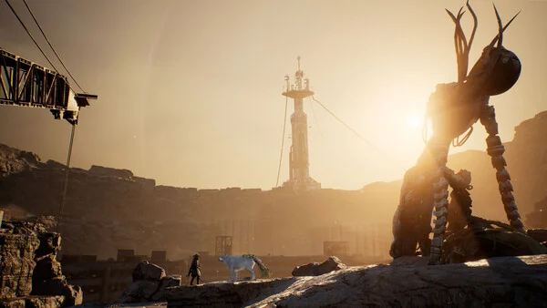 Emma and Koo face a towering beast in an industrial ruin in Beast of Reincarnation