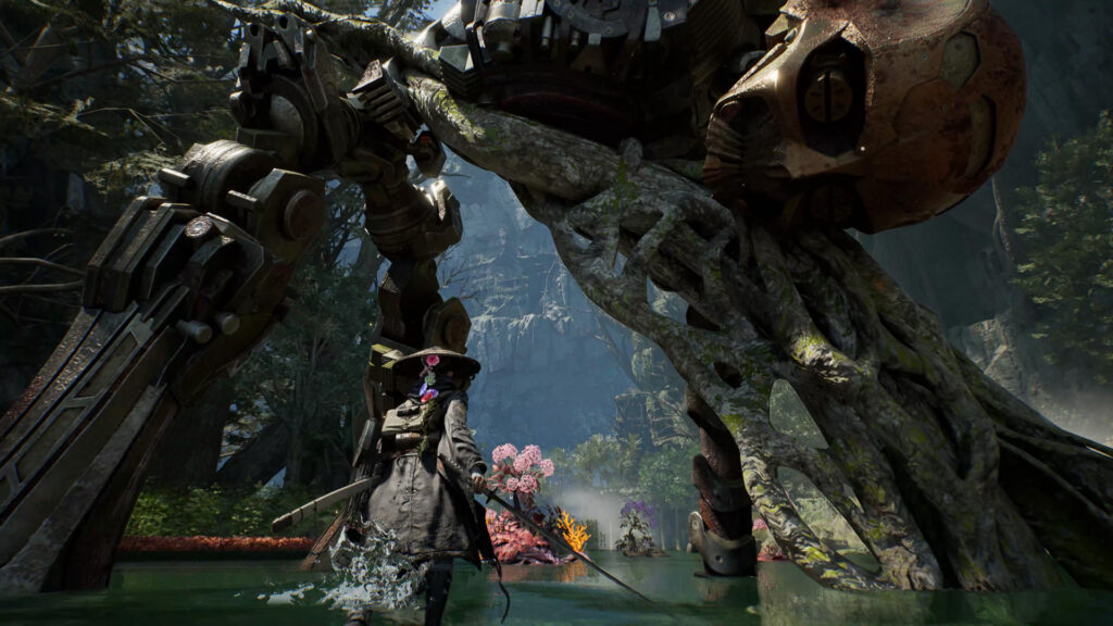 Emma stands beneath a huge mechanical beast in a flooded forest clearing